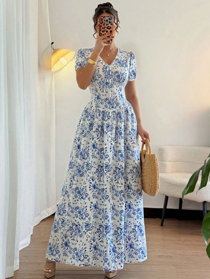 summer cross-border european and american style printed v-neck elegant dress