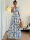 summer cross-border european and american style printed v-neck elegant dress