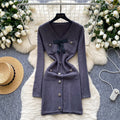 Chic chanel-inspired, high-end, bow-adorned v-neck, metal-buckle cinched-waist, long-sleeved knit dress for women – a french-style mini dress