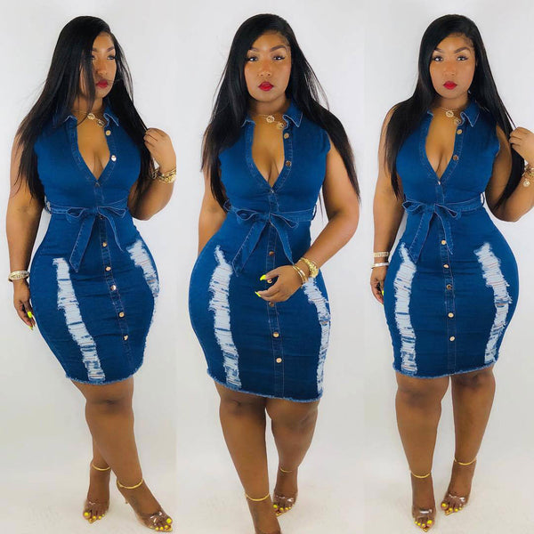 wish European and American sexy fashion sleeveless hand-ground holes sexy denim dress sexy trendy dress