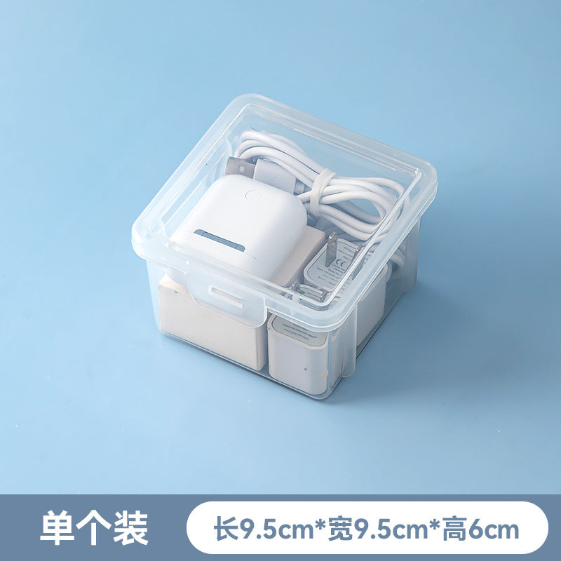 Desktop multi-functional sundries storage box, transparent plastic with cover, stackable accessories, earphone data cable storage box