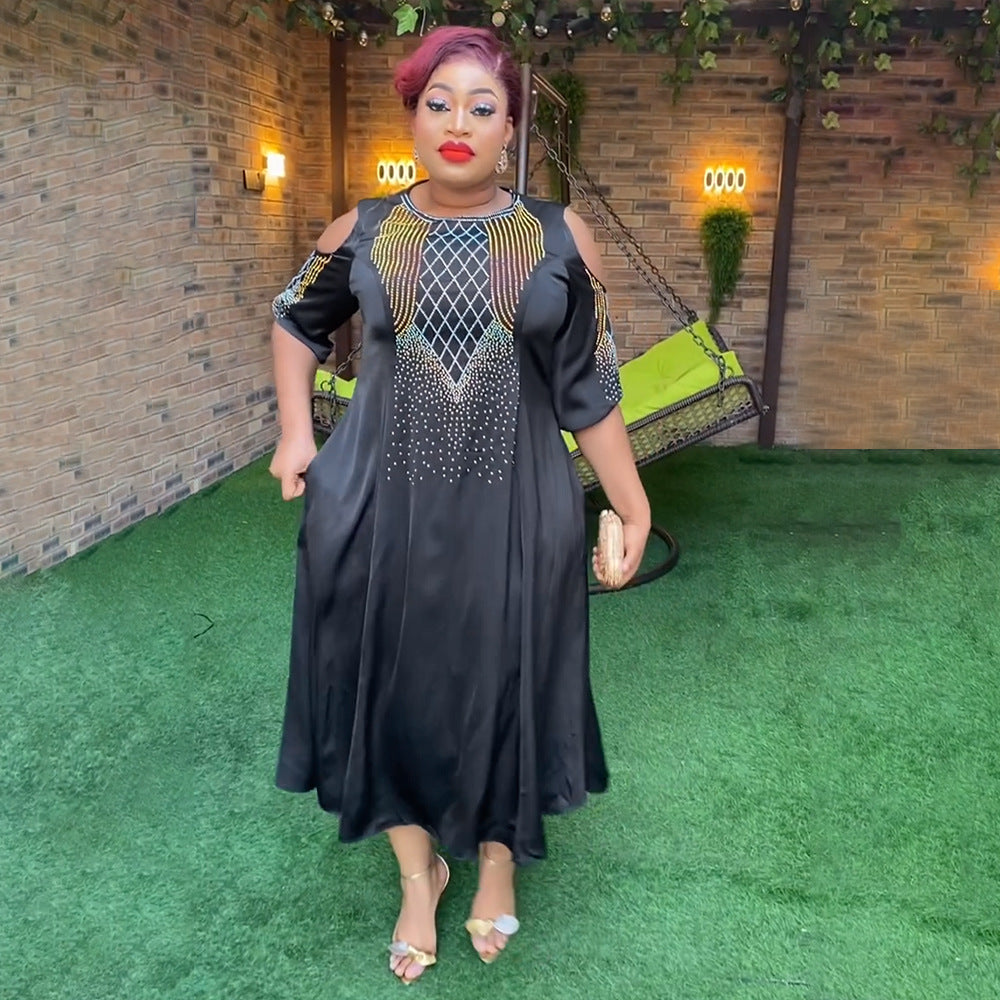 African women's plus size cross-border e-commerce spring/summer new arrivals  independent website off-shoulder five-sleeve rhinestone dress