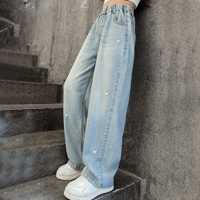 Girls' summer pants: lightweight tencel denim jeans,  new summer collection, straight-leg wide-leg trousers for girls and big girls