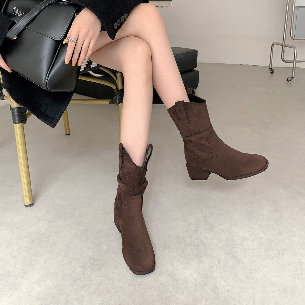Sheepskin pleated pile thin short boots for women 2025new arrivalfall and winter maillard retro british boots