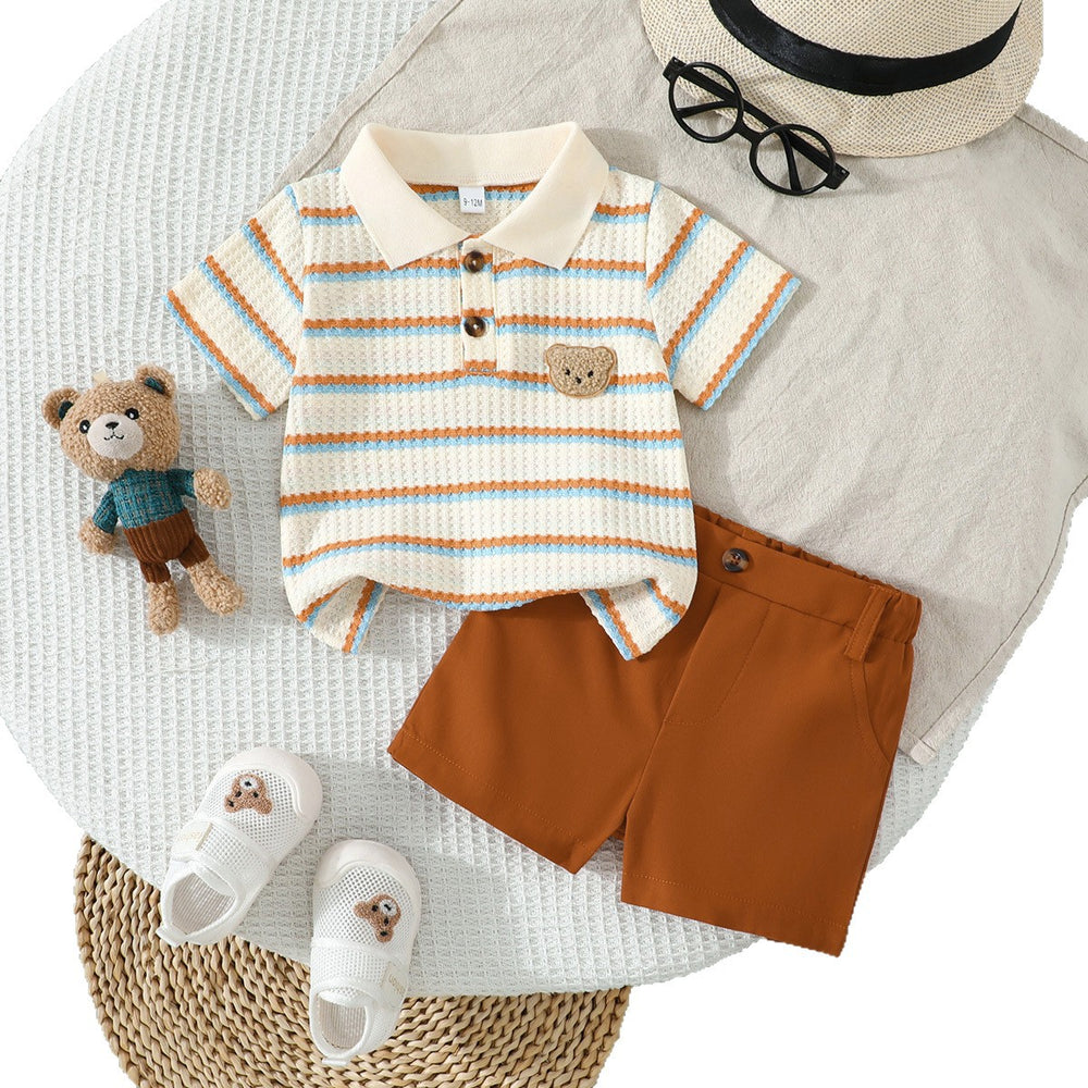 new boys' waffle knit striped polo shirt set with bear embroidery short sleeve outfit