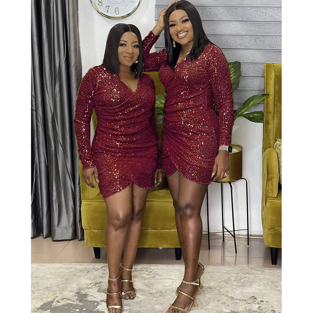 african plus size women's clothing: sexy v-neck bodycon mini dress with sequins - perfect for , , and european & american markets