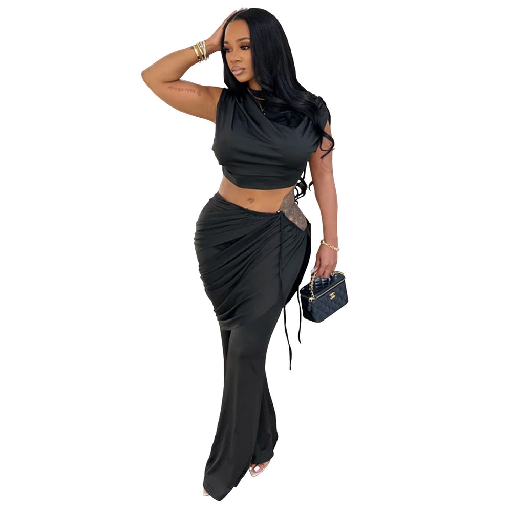 C7528 cross-border   fashion women's casual sleeveless cropped top and pants two-piece set
