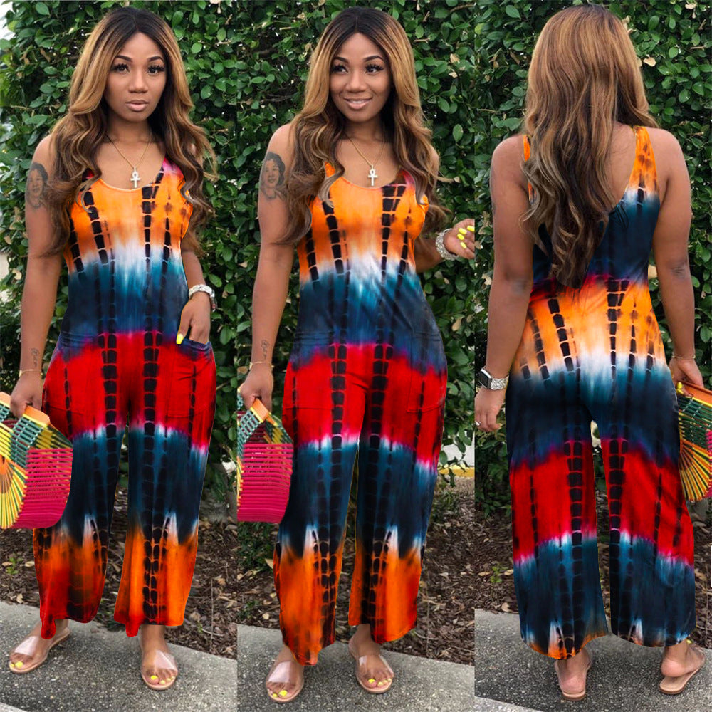 S390141 European and American summer wholesale casual off-the-shoulder hollow printing suspender jumpsuit fashionable wide-leg pants women