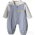 Infant and toddler two-piece overalls set, autumn wear, unisex baby hooded striped shirt and casual overalls jumpsuit
