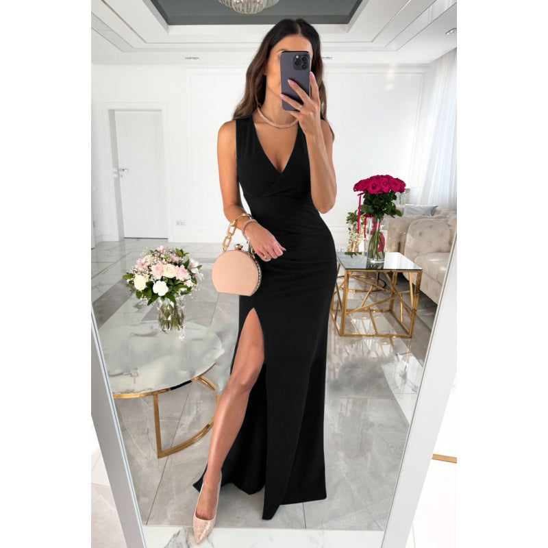 independent station  hot seller: summer new arrival solid color minimalist v-neck sleeveless slit dress