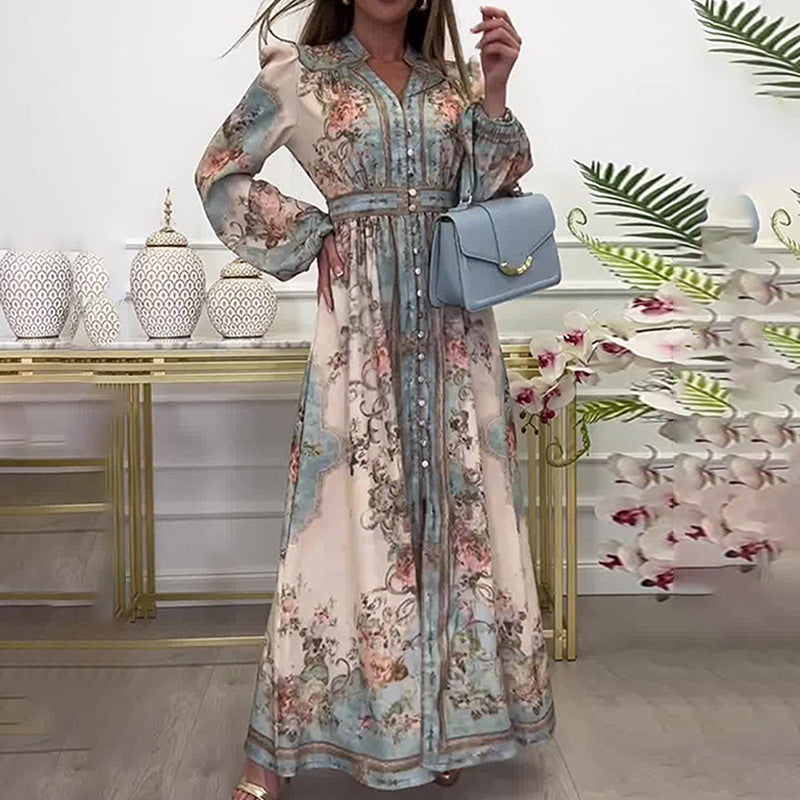 cross-border e-commerce european and american women's clothing: new summer collection - lantern sleeve printed collar, cinched waist, and flared maxi dress