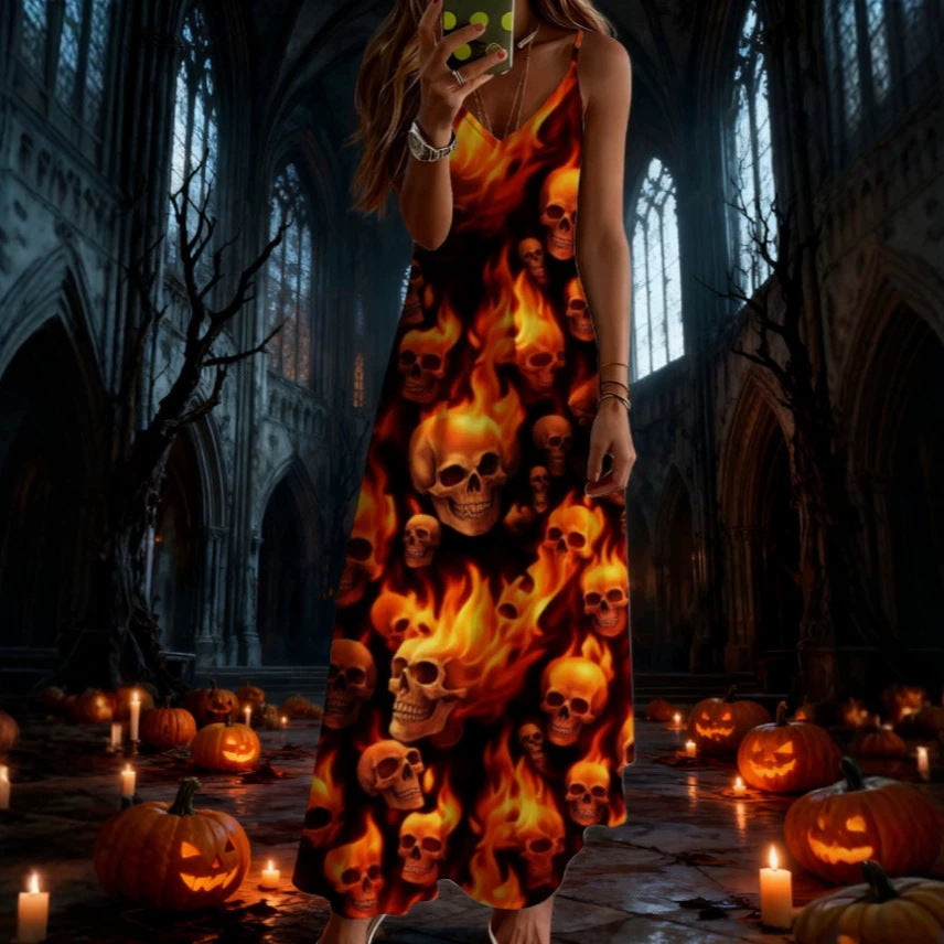 halloween pattern printing longdressv neckloose vacation suspender skirt