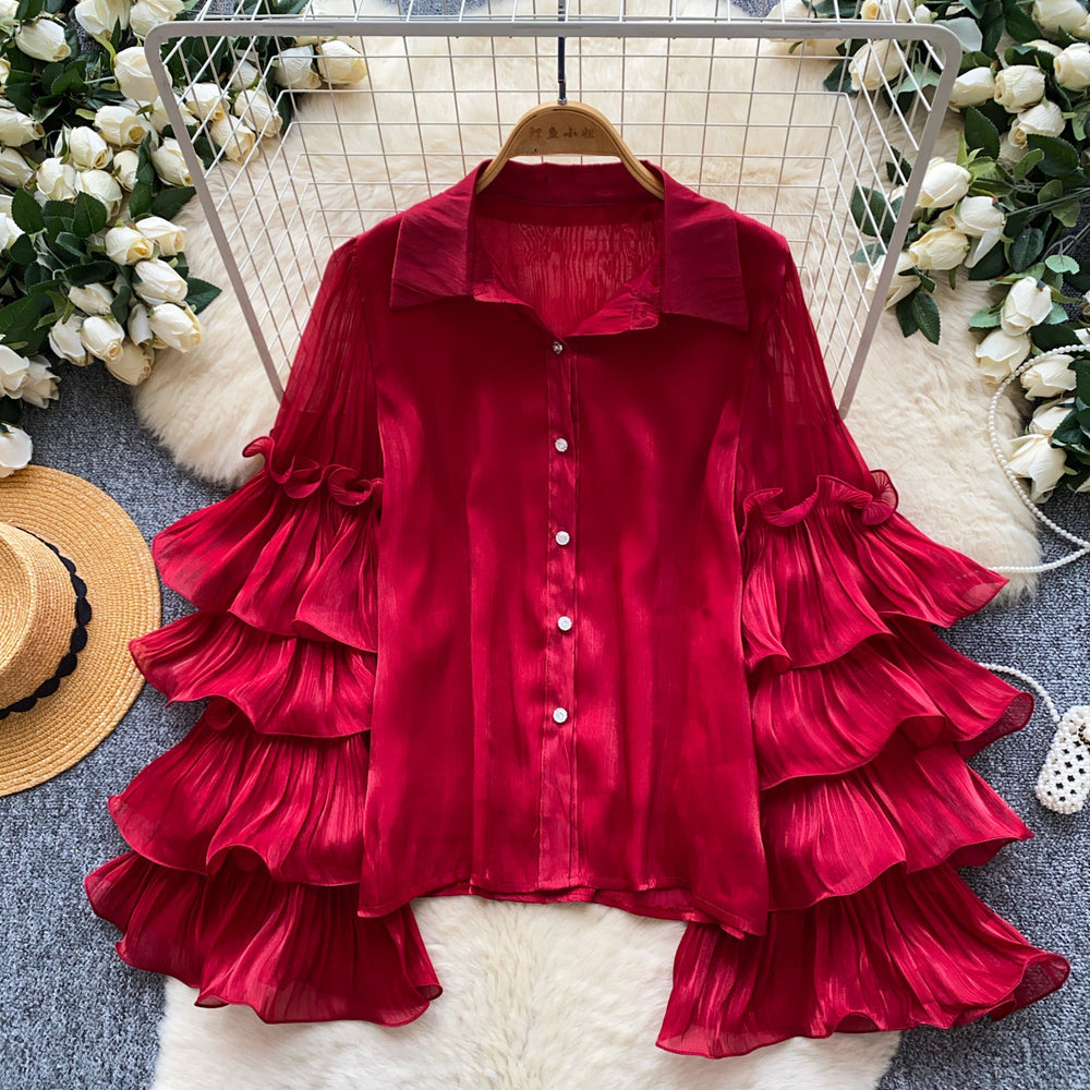 French romantic ruffle bell sleeve blouse - elegant, versatile, and chic work top - unique and high-end shirt