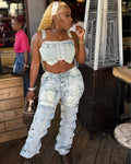 European and american style women's jeans -  cross-border fashion - summer trendy button-up patchwork 3d pocket denim cargo pants