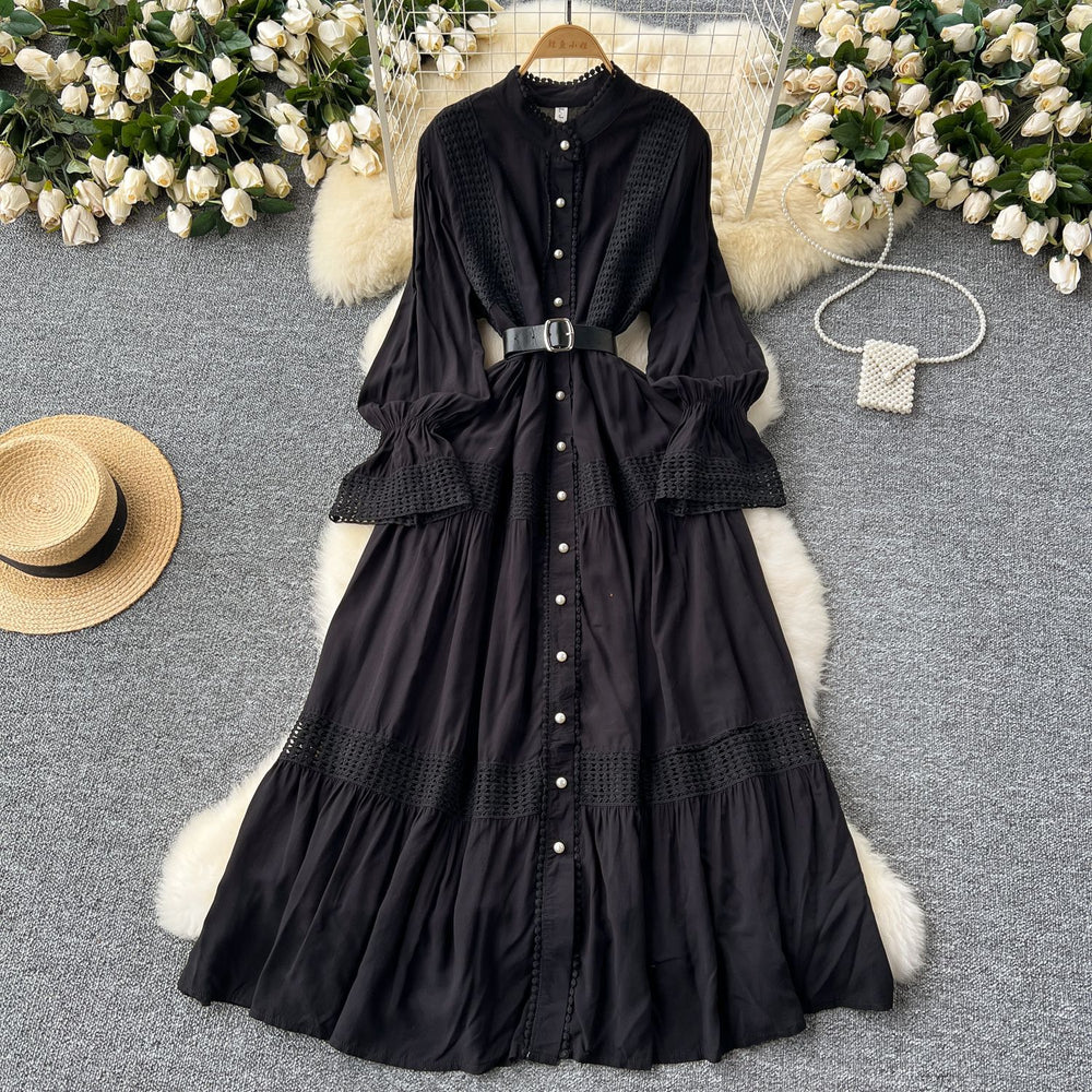 French court retroelegancedress women's stand collar bell sleeves waist single breasted lacepatchwork large swing long skirt