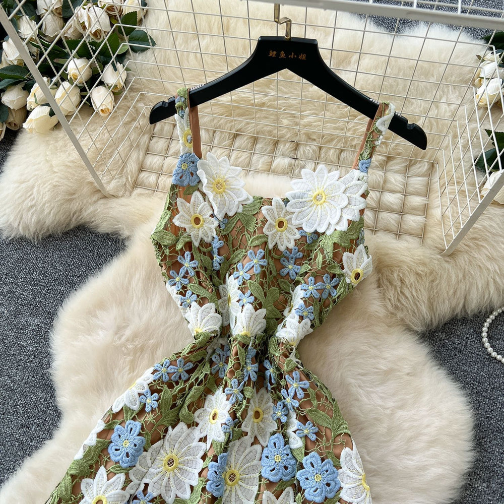 High-end women's luxury party dress: exquisite colorful hollow-out crochet lace camisole dress with cinched waist - summer  collection