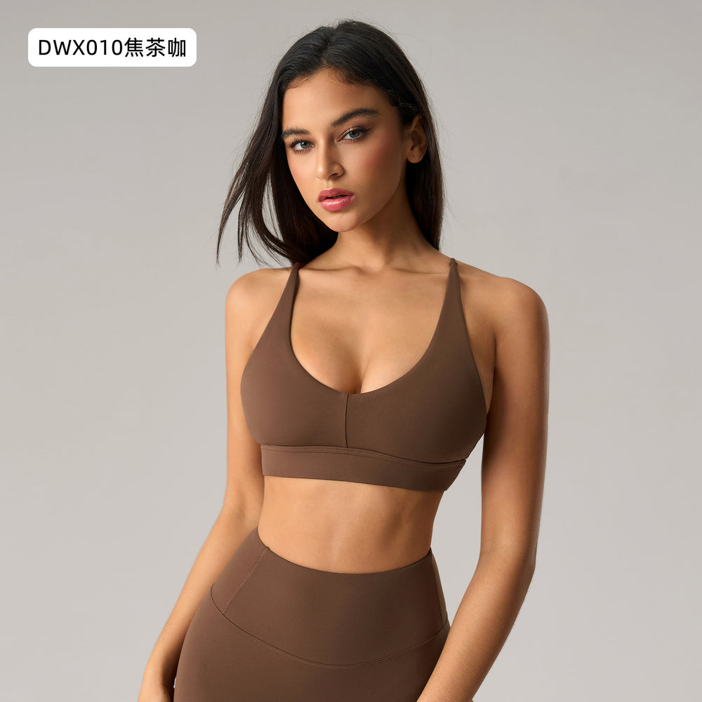 European and american style women's yoga outfit set: push-up sports bra with beautiful back design, barely-there feel, high-waisted peach lift leggings, two-piece set