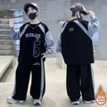 Autumn/winter kids' fashion color block loose fit casual set  boys' fleece-lined crewneck sweatshirt and sweatpants two-piece outfit