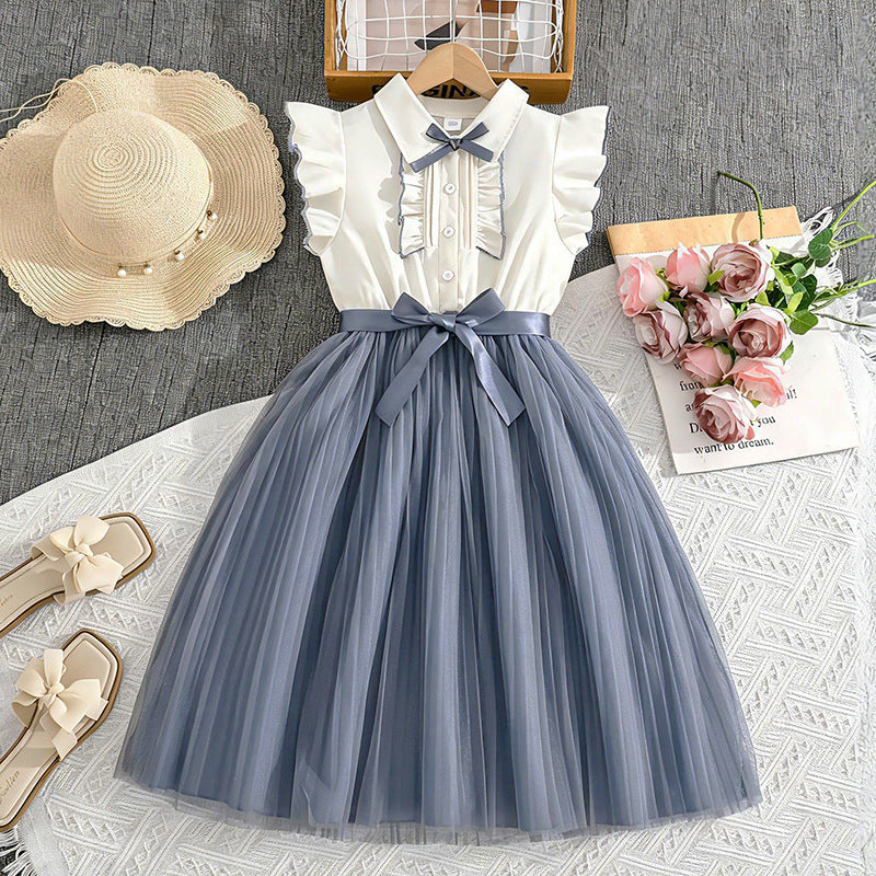 Girls' dress - cross-border children's wear -  summer new style - chic flutter sleeve color block mesh kids' princess dress - wholesale