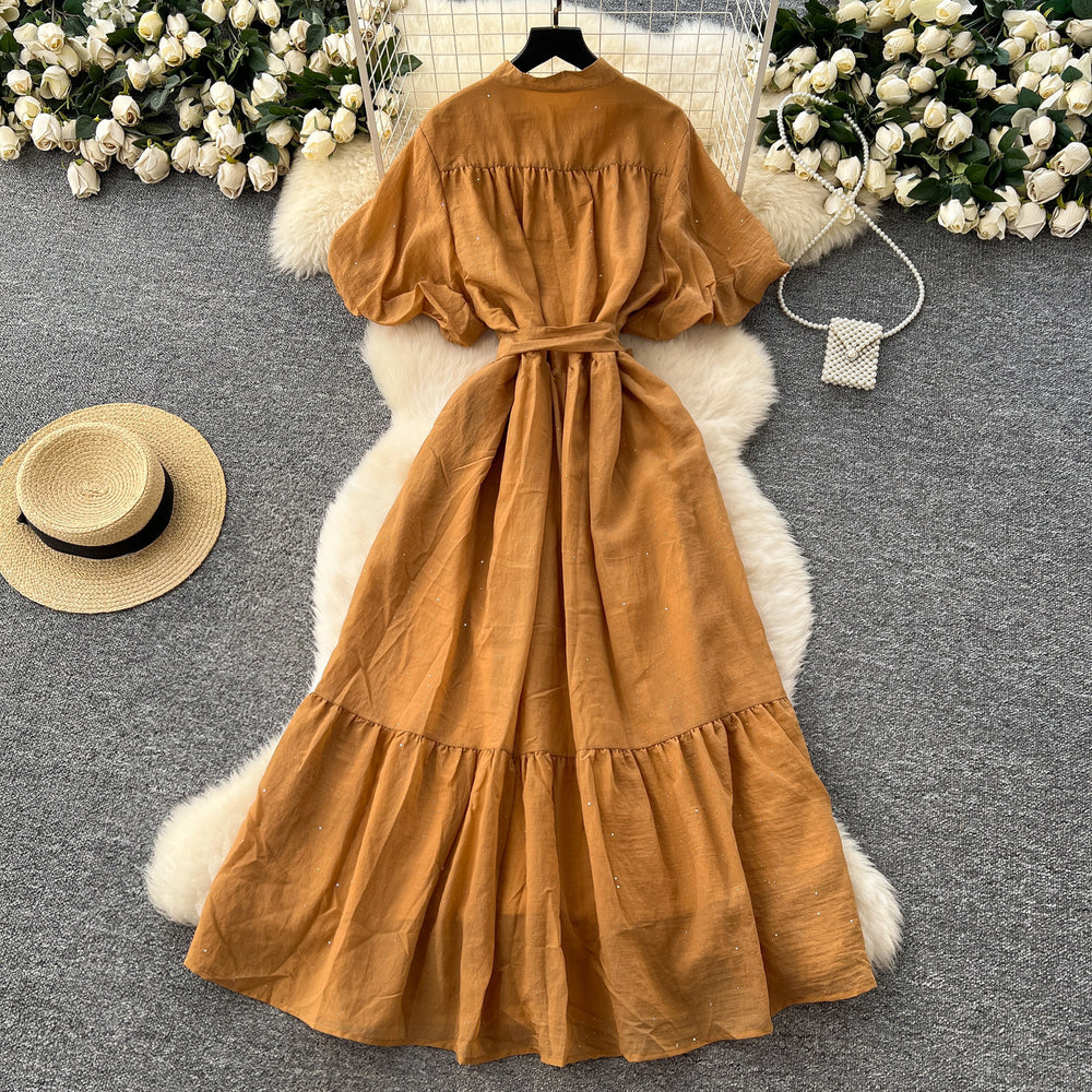 French fashion stand collar lantern sleeve tie-waist dress - slimming, elegant, sparkling ruffle hem maxi dress