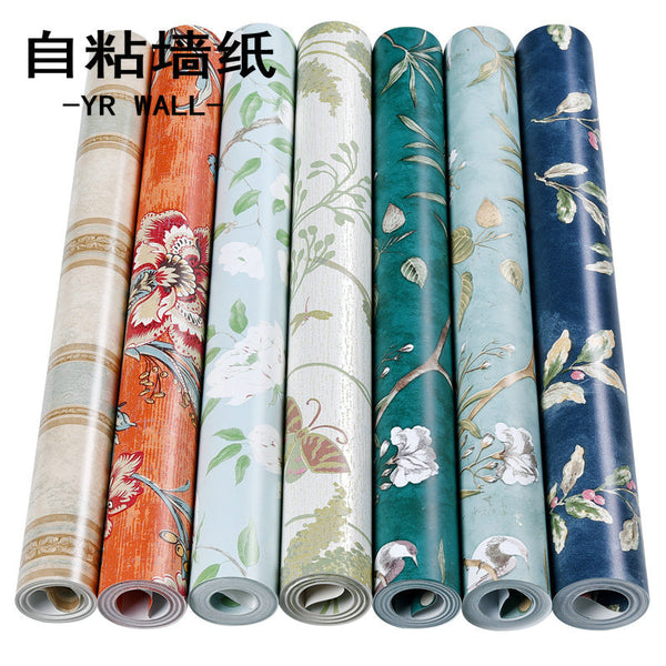 Self-adhesive adhesive non-woven wallpaper American retro flower and bird big flower living room bedroom room TV background wall wallpaper