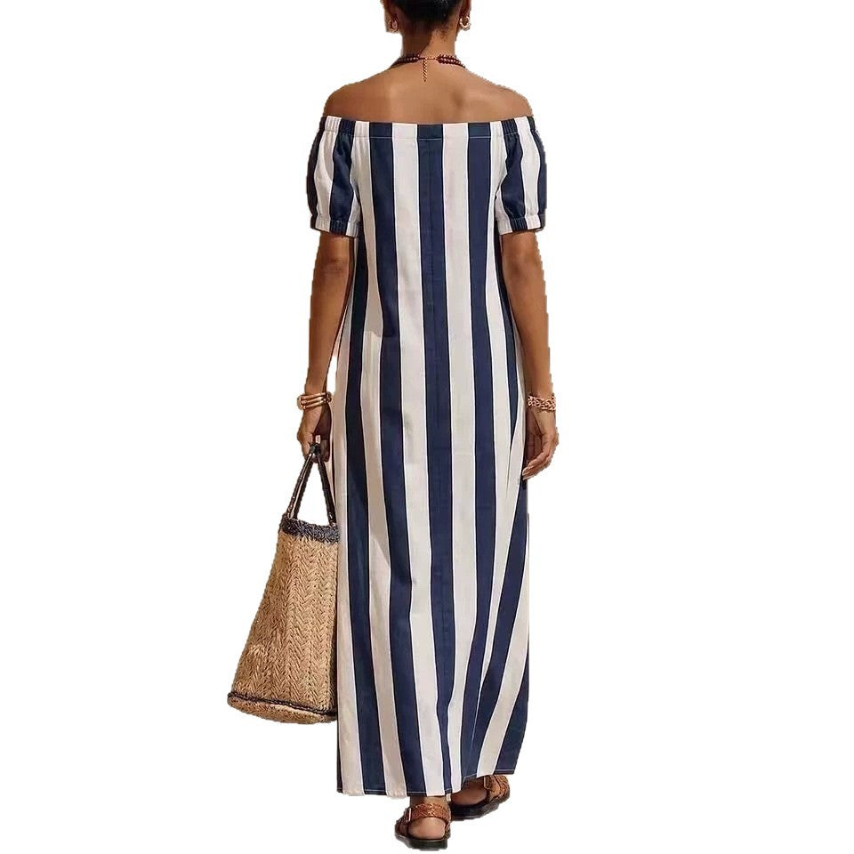 European and american independent station cross-border fashion loose one shoulder long stripesprinting summer best selling short sleeve women's dress