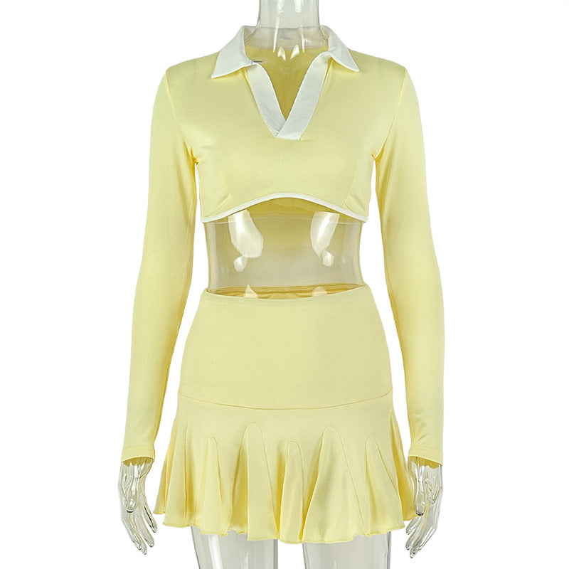 Fashioninsexport age-reducing pure color women's clothing stylish a-shaped skirt suit sports shirt collar long sleeves pleated two-piece set