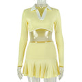 Fashioninsexport age-reducing pure color women's clothing stylish a-shaped skirt suit sports shirt collar long sleeves pleated two-piece set