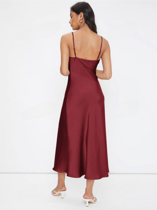 women's fashion: european and american  spring/summer new collection - satin cami dress with deep v-neck, slim fit, and solid color