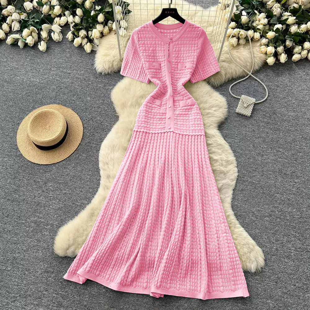 French style chic casual dress - women's short sleeve korean a-line dress - high waist slimming work-ready elegant dress