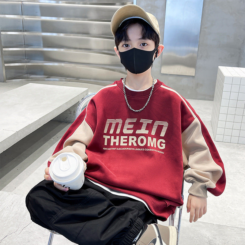 Boys' fall sweatshirt  new style: mid-to-large size kids' autumn/winter fleece-lined, thickened, cool & stylish autumn top