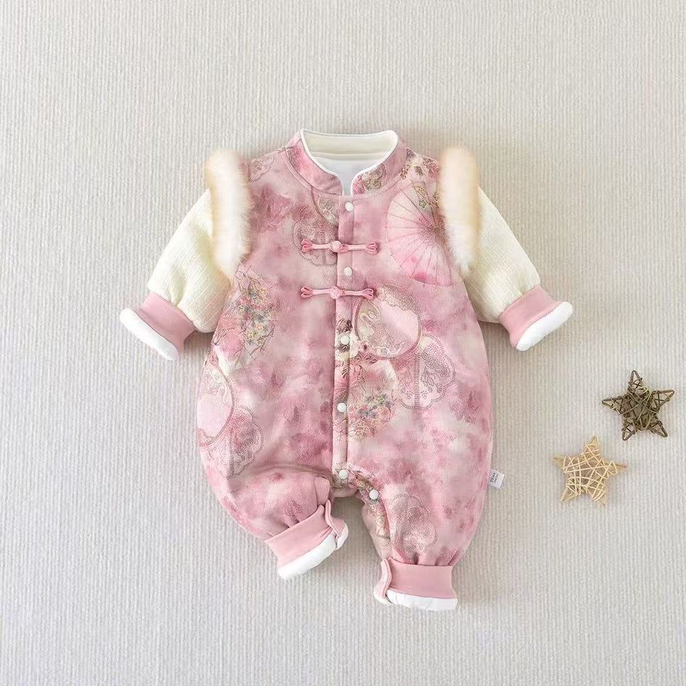 Baby boys and girls full month birthday infant chinese style outfit, traditional hundred-day bodysuit, double-layer formal dress, romper, new year's greeting outfit