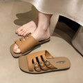 Trendy square-toe flat fashion slippers for women - 2026 summer new arrivals - fairycore style with buckle strap - versatile beach sandals