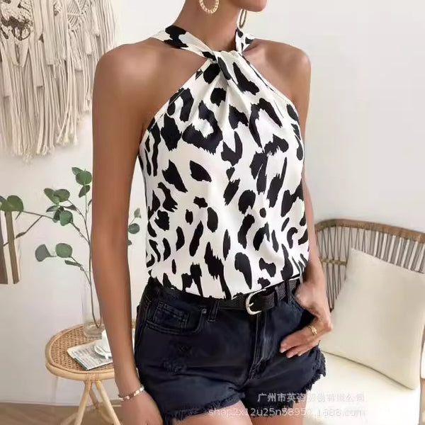 Cross-border European and American shein explosion leopard print neck sling vest summer women's hot sleeveless top sexy babes