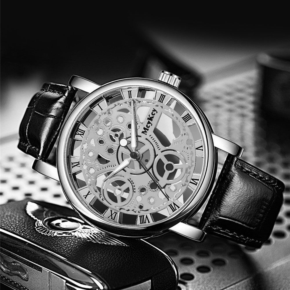 New men's watch - transparent case, skeleton design, simulated mechanical movement - men's leather strap quartz wristwatch - in stock, wholesale available