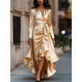 New european and american independent website style: cross-border satin v-neck, cinched waist, ruffle hem, elegant dress