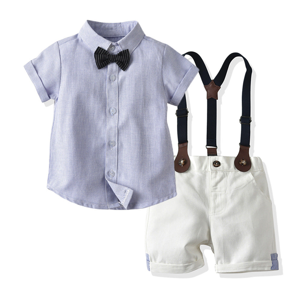 Boys' summer outfit: new striped short-sleeve shirt and suspender set with bow tie - gentleman style