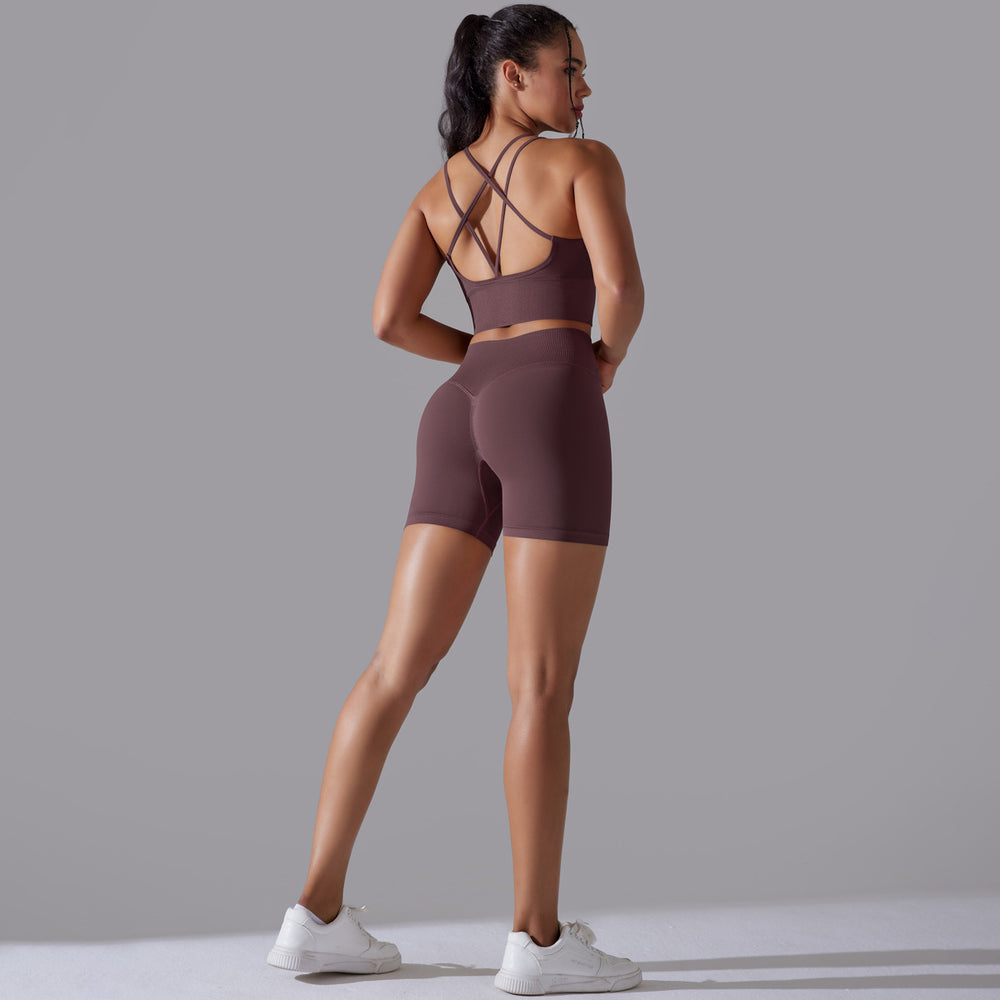 fashion seamless knitting pure color beautiful back high elastic sports tight yoga suit running fitness two-piece set