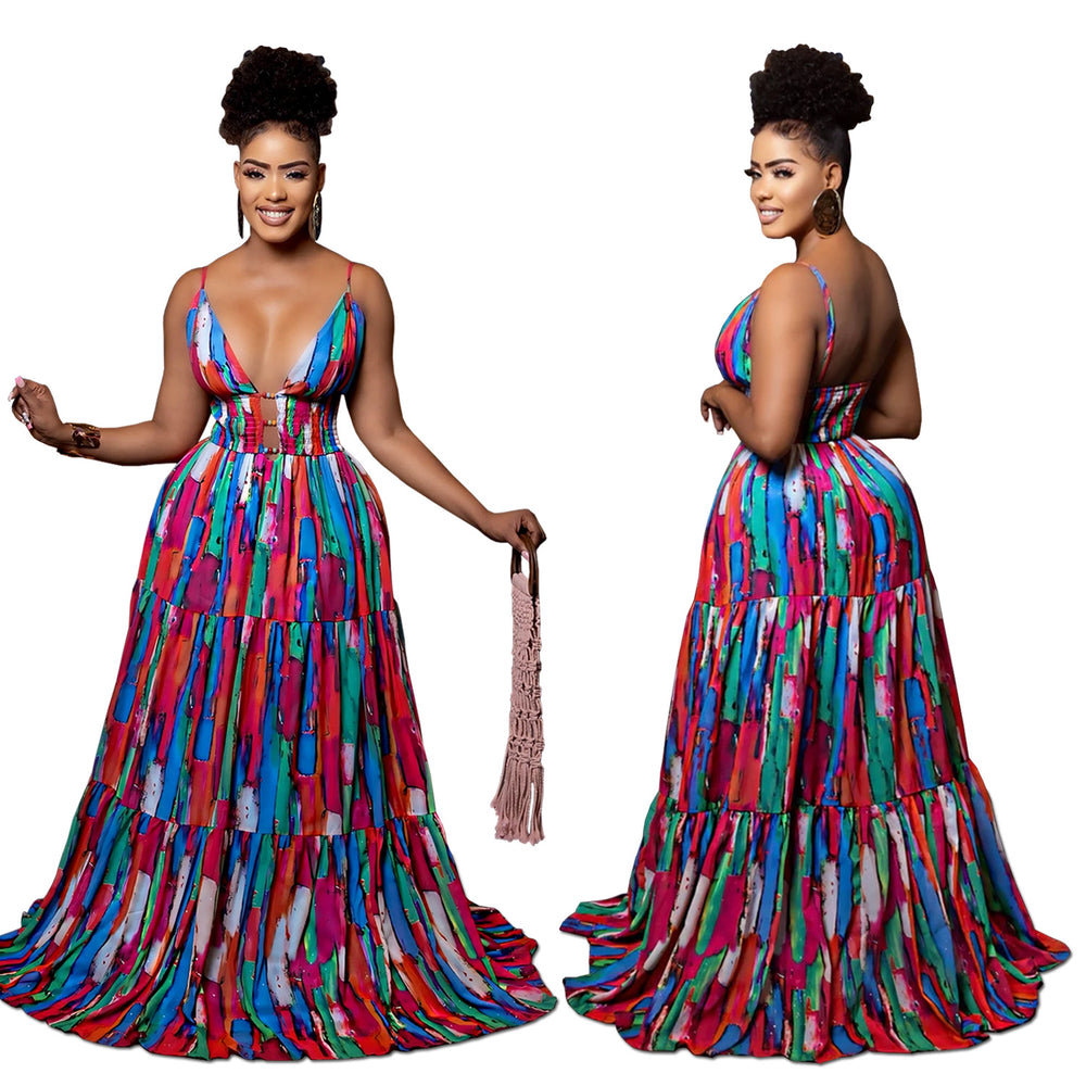 C7377 cross-border   fashion women's sexy spaghetti strap backless printed colorful dress