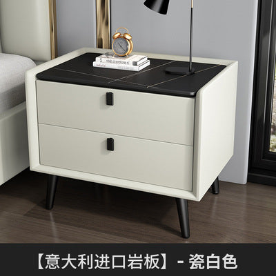 Modern minimalist bedroom nightstand - microfiber leather, sintered stone top, solid wood frame, new design with drawer storage, smart enabled