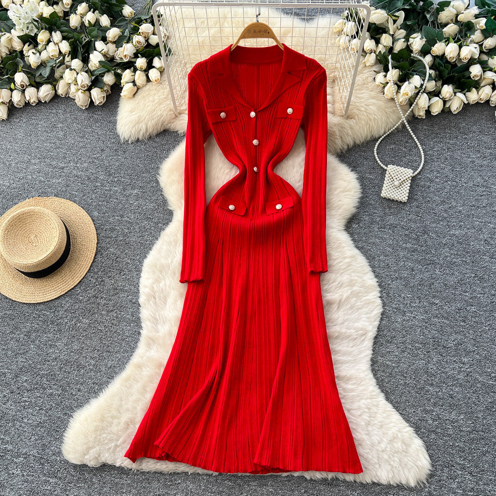 Frenchclassyretro lapel long sleeves metal buckle silmslimming lookelegant vertical pattern knittingdress