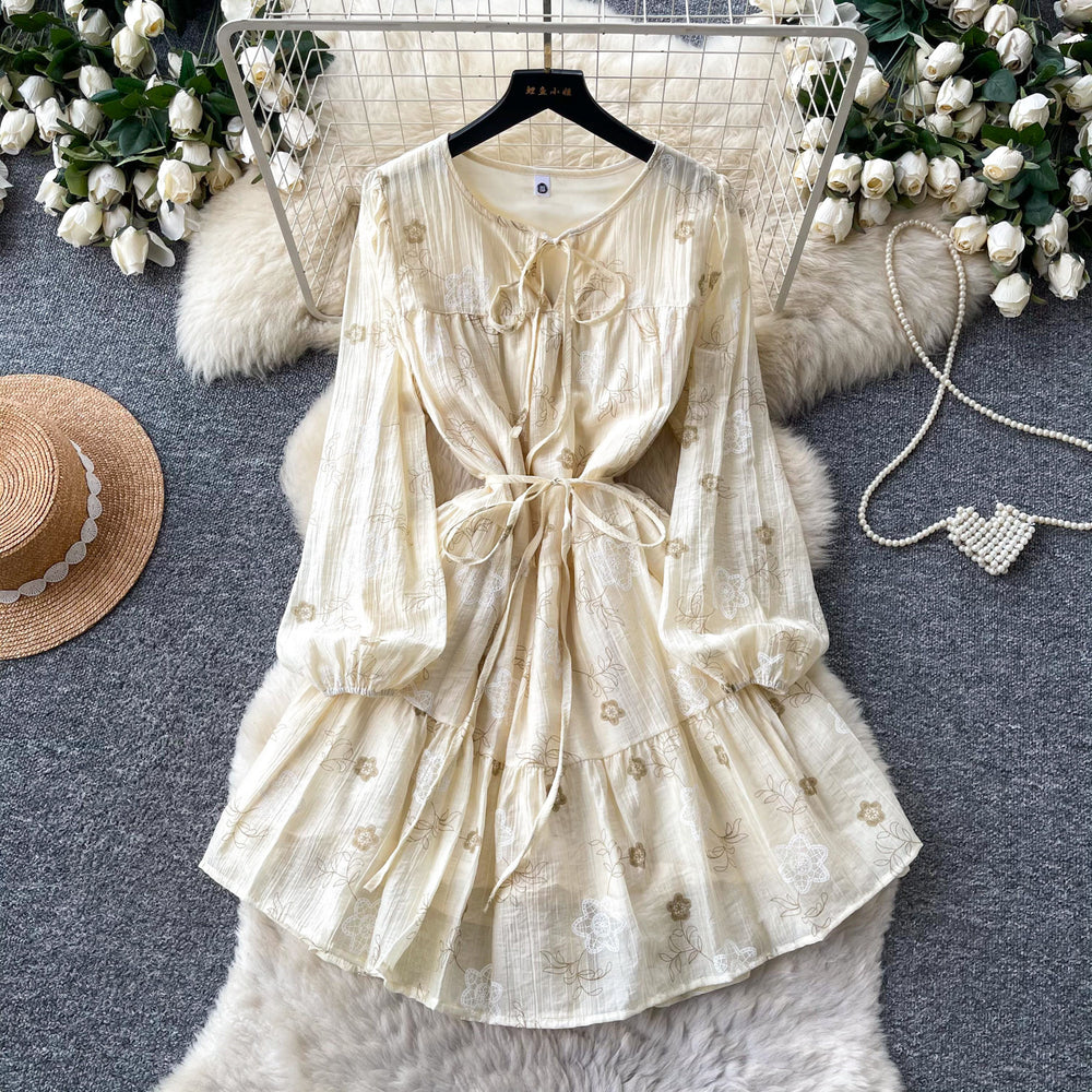 French chic green floral dress - women's summer long sleeve v-neck a-line dress with cinched waist - slimming, elegant, and perfect for vacation
