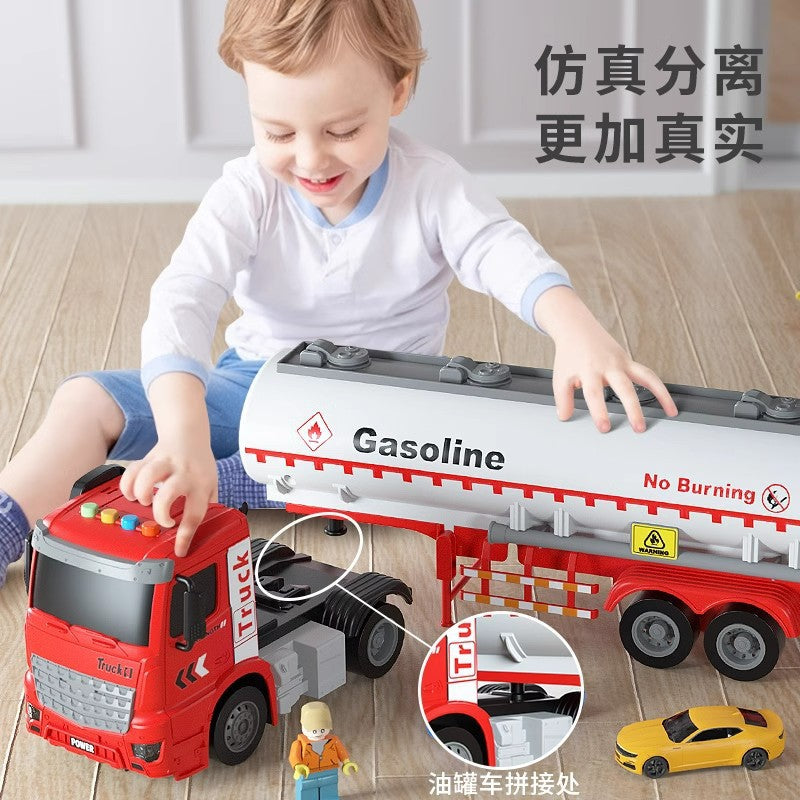 Kids' large-sized oil tanker truck with water spray, double doors, lights, music, and pull-back mud pump truck – perfect toy for boys!