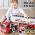Kids' large-sized oil tanker truck with water spray, double doors, lights, music, and pull-back mud pump truck – perfect toy for boys!