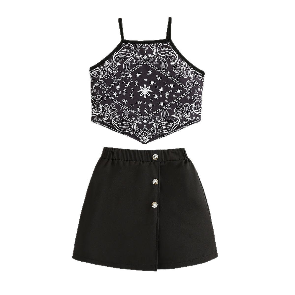 girls' summer outfit: paisley print cami top with black shorts skirt - two-piece set for summer baby girls and children