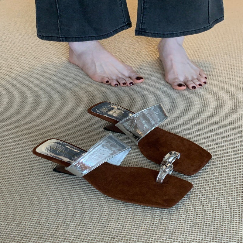 2026 new summer niche square-toe thong sandals with skirt, french wedge heel, slip-on mules, women's outdoor shoes