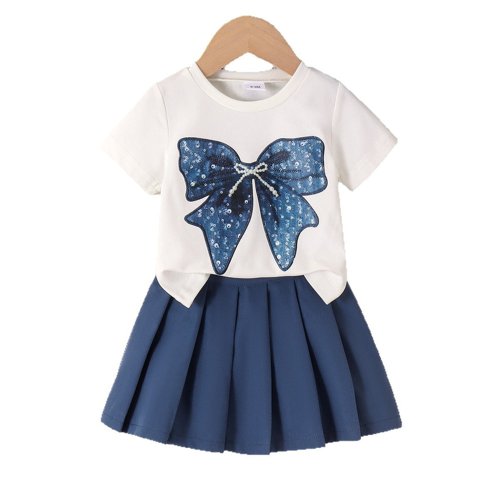 Children's clothing cross-border european and american girl white short-sleeved t-shirt blue skirt baby two-piece set