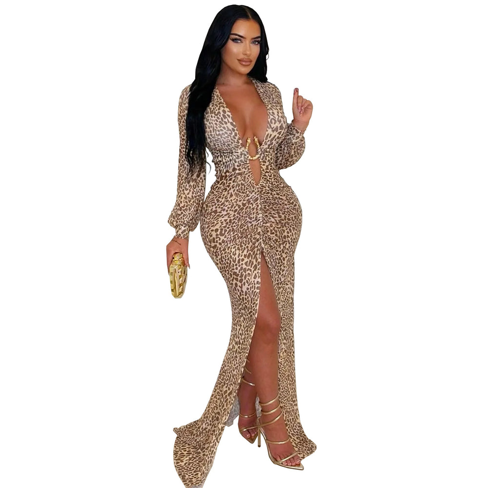 C7571 cross-border   fashion women's sexy deep v leopard print slit sleeveless dress new