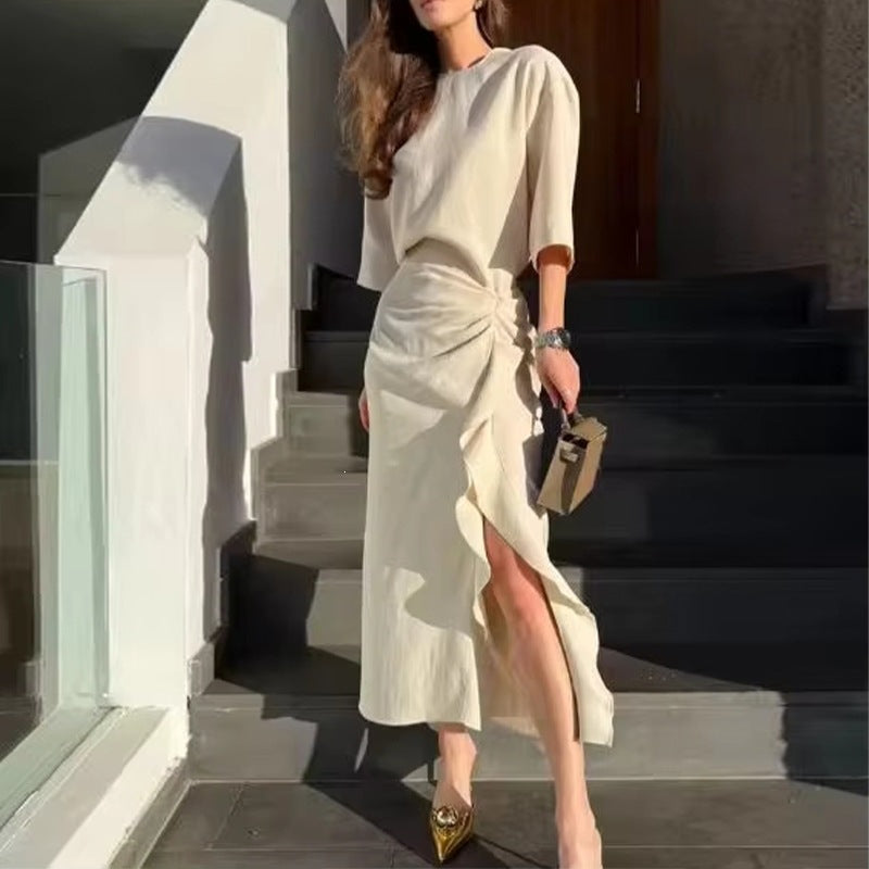 cross-border european and american women's clothing: summer dress for women, casual vacation style solid color slit pleated dress