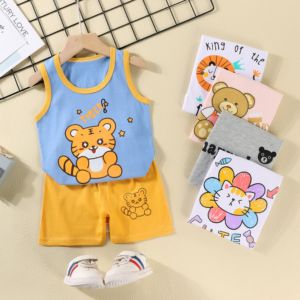 Kids' tank top set - summer new arrival: pure cotton girls' shorts outfit, korean style sleeveless set for baby boys and girls